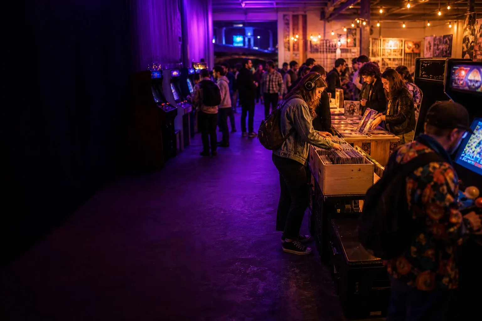 Visiteurs découvrant une convention pop culture avec bornes de jeu et vinyles