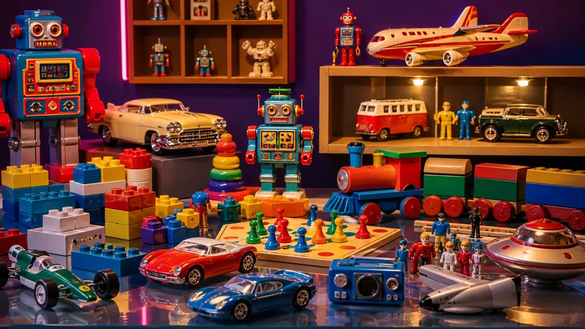 Jouets, figurines et objets de collection présentés dans une vitrine