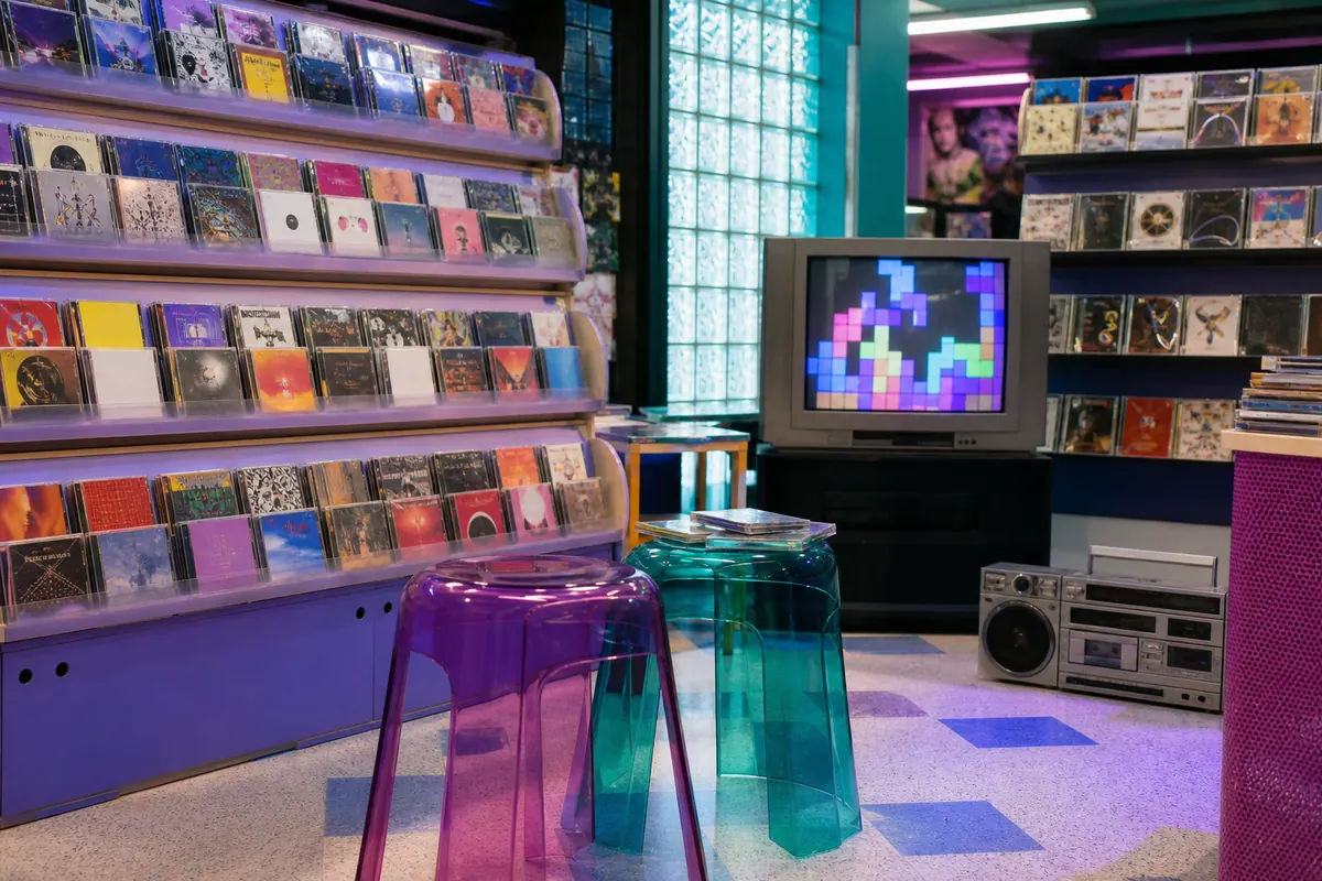 Disquaire coloré avec boîtiers CD, radio portable et écran des années 1990