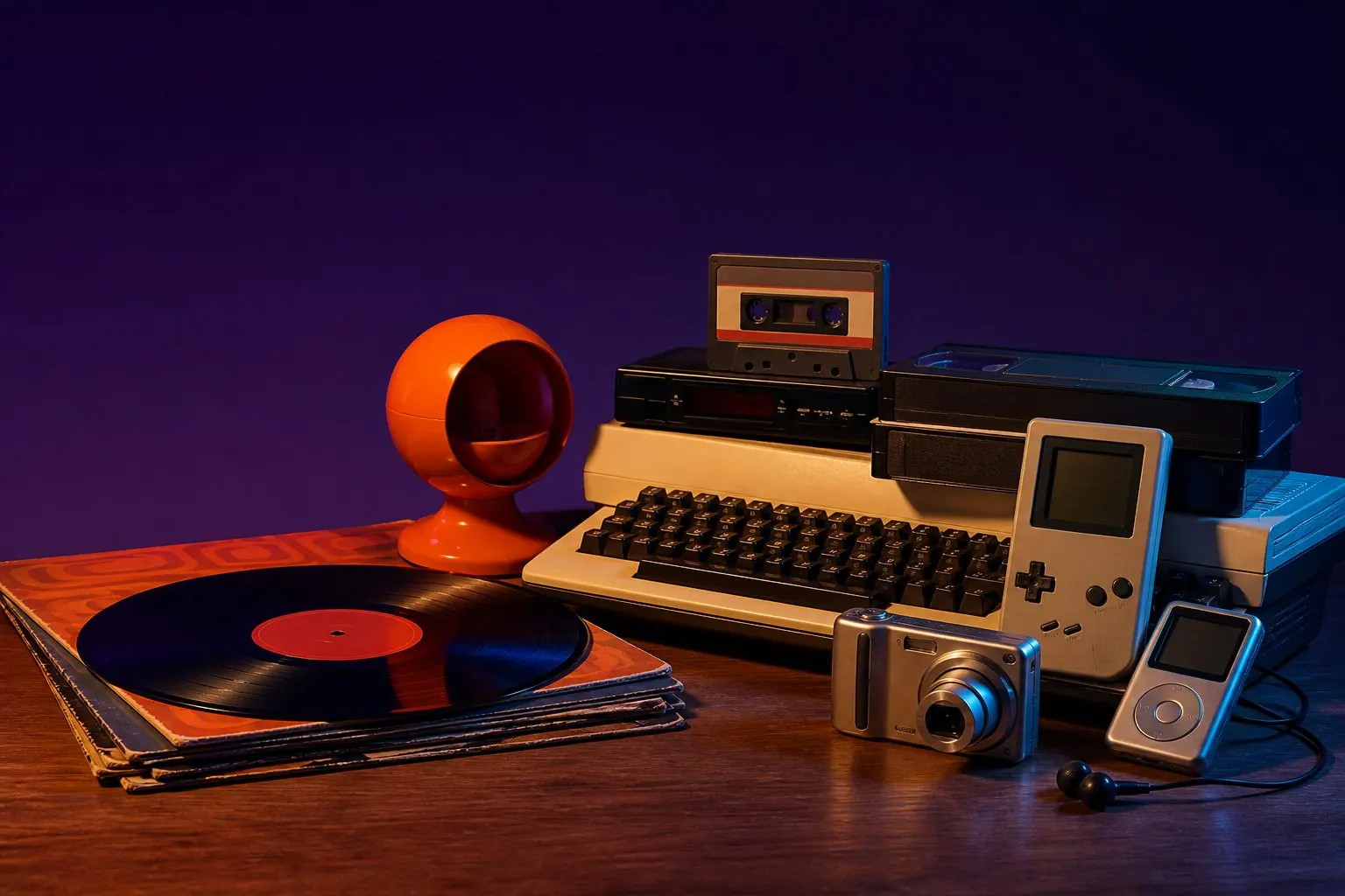 Objets emblématiques de la pop culture des années 1970 à 2000 sur une table