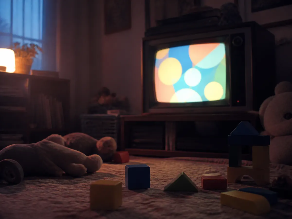 Télévision cathodique éclairant des jouets sur un tapis au début de la soirée