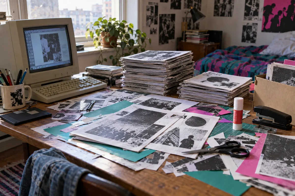 Atelier de fabrication de fanzines avec photocopies, découpages, agrafeuse et ordinateur ancien