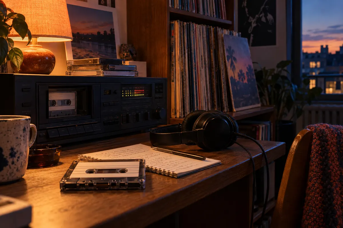 Platine cassette, bande vierge, liste de morceaux manuscrite et casque dans un salon