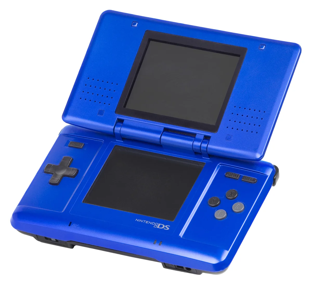Nintendo DS bleue ouverte, montrant ses deux écrans et ses commandes