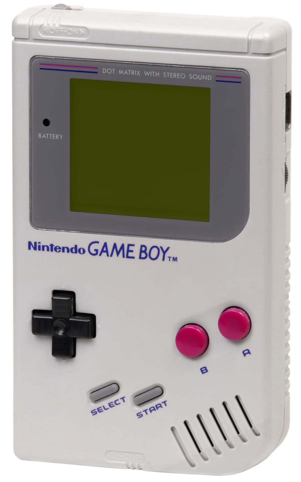 Game Boy original gris avec écran monochrome, croix directionnelle et boutons roses