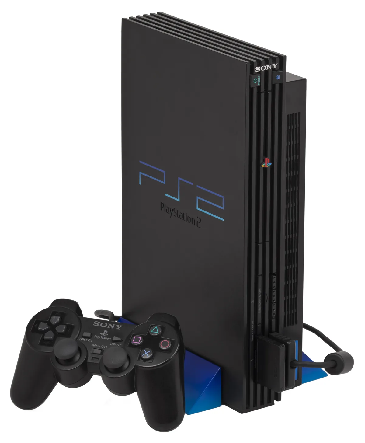 PlayStation 2 noire de grand format avec manette DualShock 2 et carte mémoire