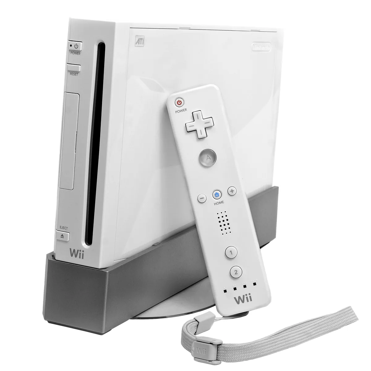 Wii blanche sur un socle avec une télécommande Wii