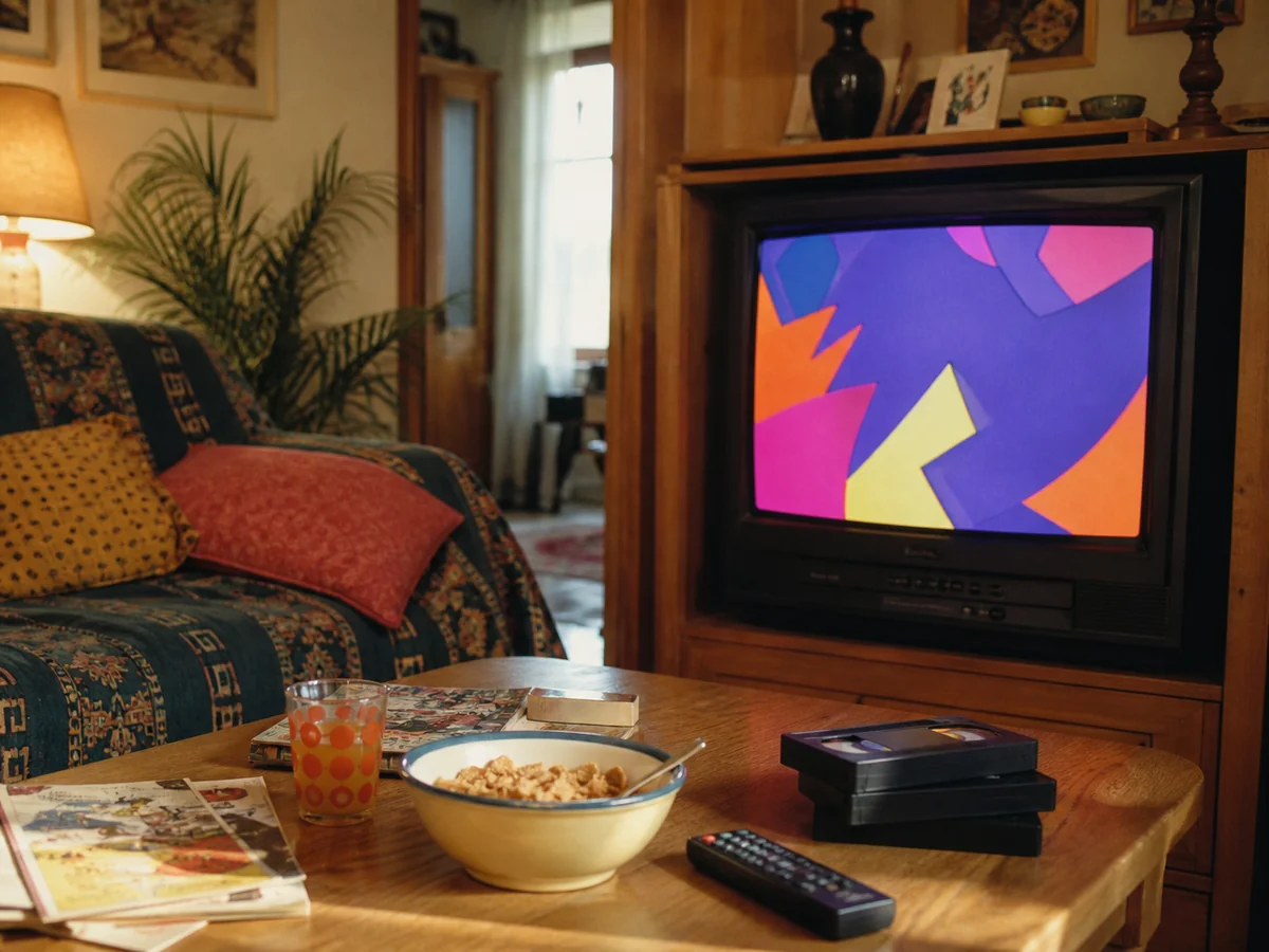 Téléviseur cathodique, cassettes vidéo et bol de céréales dans un salon des années 1990